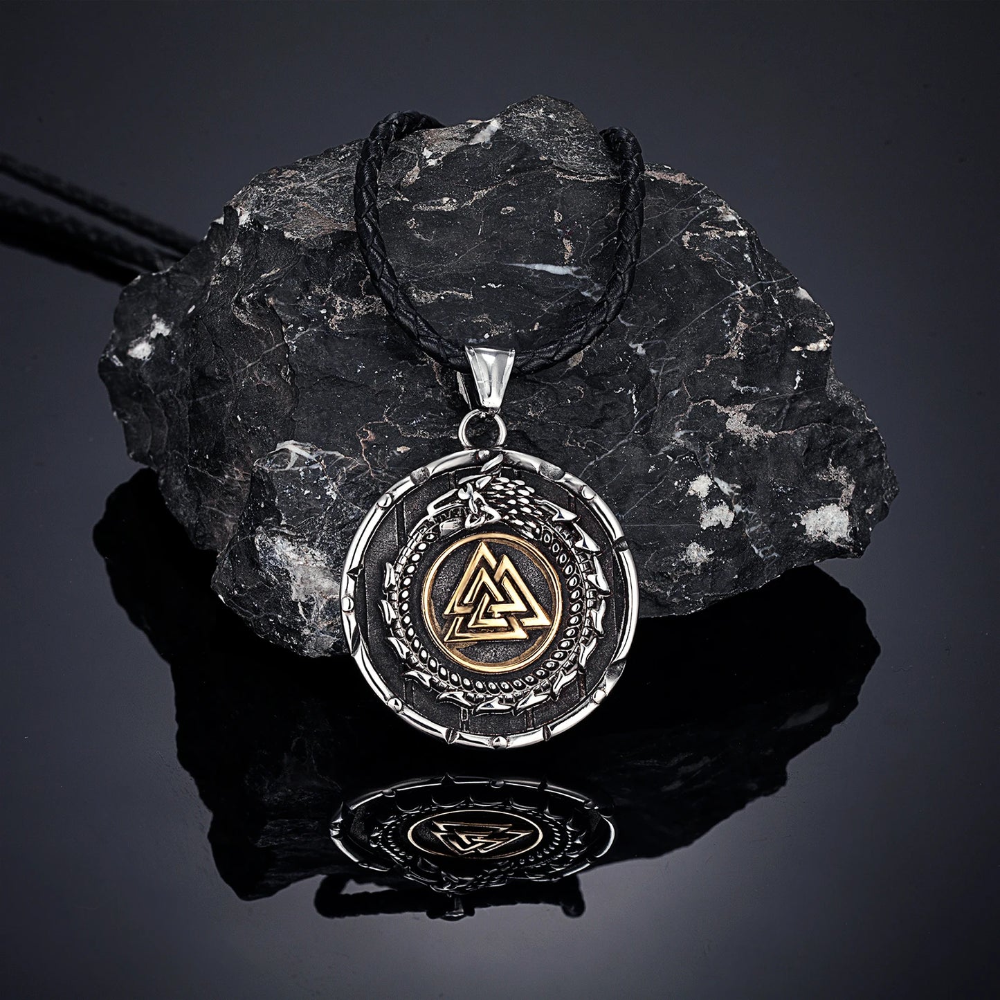 Vikings Ouroboros Dragon Necklace Men Stainless Steel Norse Runes Triangle Pendant Amulet Scandinavian Jewelry Vintage Male Gift
