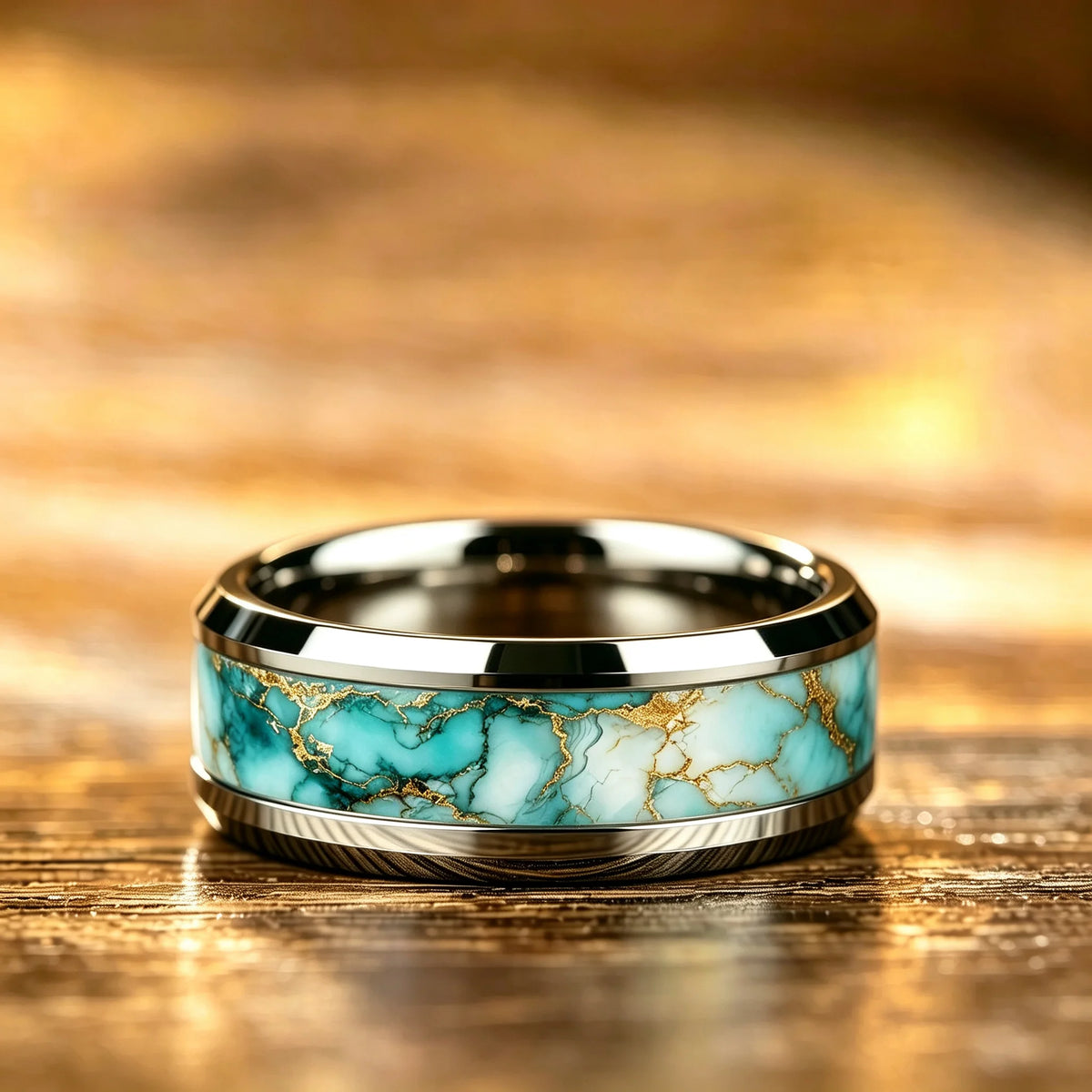 Wholesale With Sky Blue Marble Turquoise Inlay Ring Stainless Steel Rings for Men Women Wedding Band Jewelry Birthday Gift