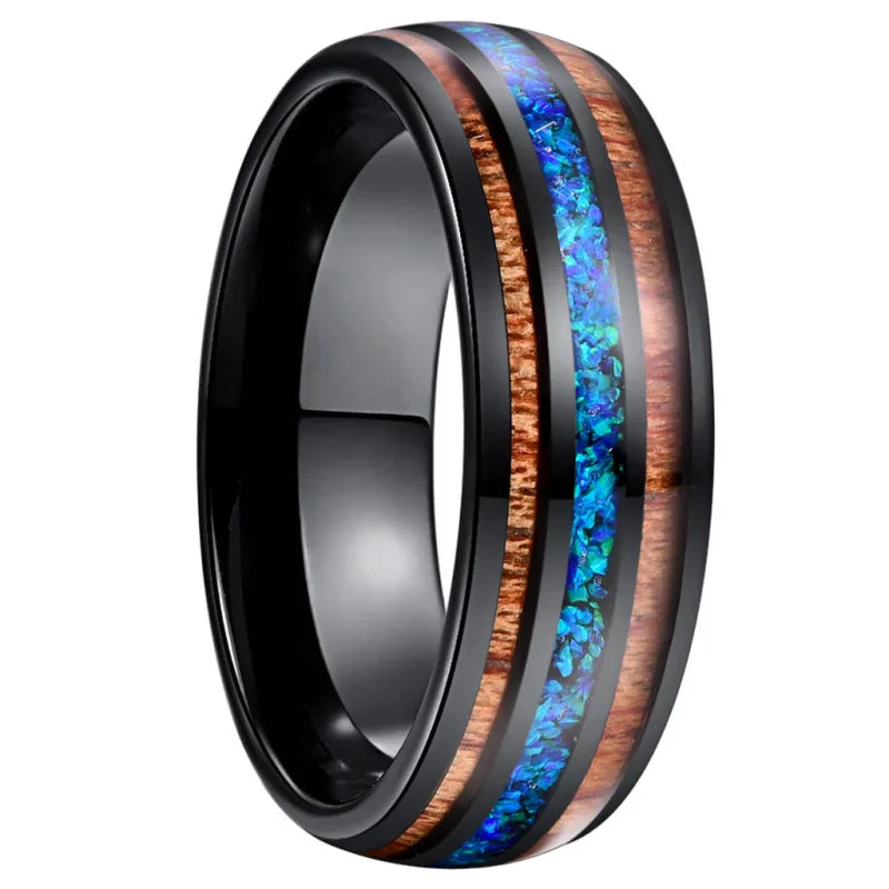 8MM Unique Blue Opal Inaly Men's Black Stainless Steel Rings