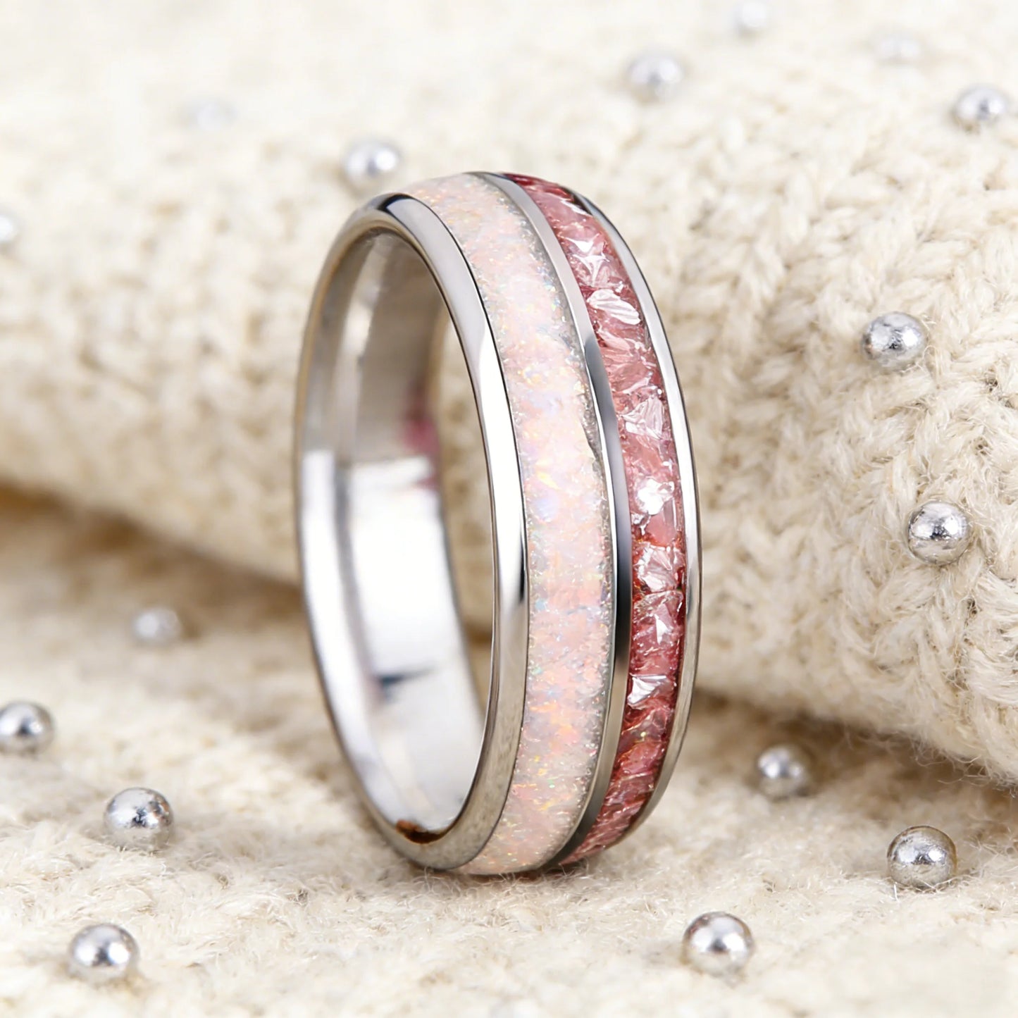 Fashion 8mm Silver Color Women Stainless Steel Ring with White Opal and Pink Stone Inlay Rings for Men Women Wedding Jewelry