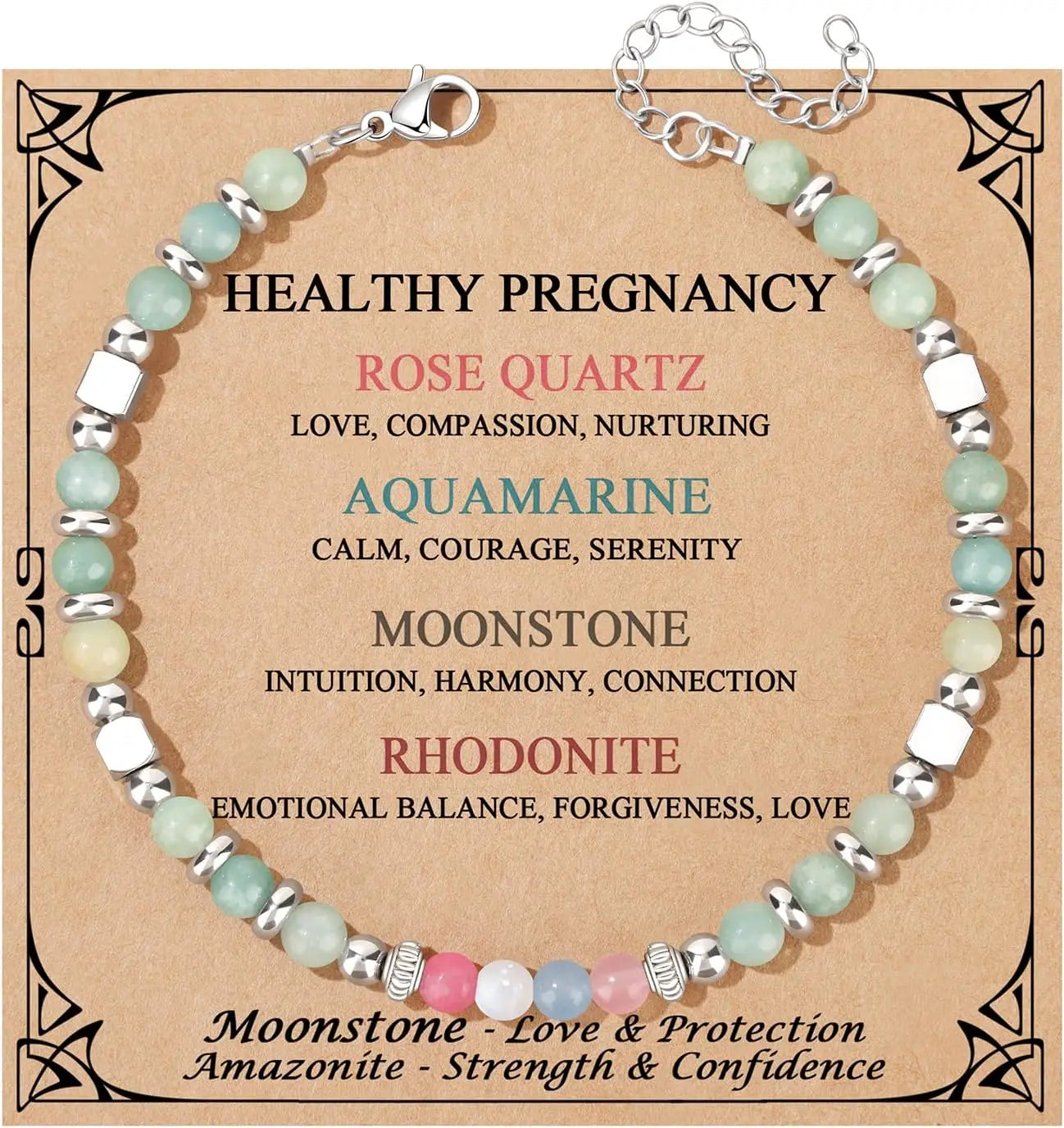 Mothers Day Bracelets gift,Birthday Valentines Gift Amazonite Colorful Imperial Jasper Stainless Steel Beads Bracelets,with card
