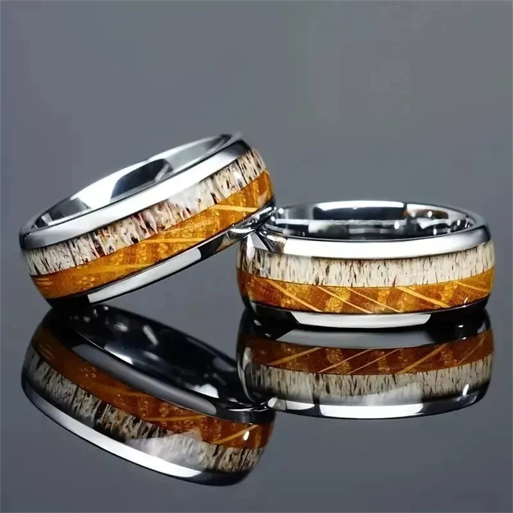 Fashion 8mm Men Stainless Steel Rings Silver Color Brushed Deer Antler And Koa Wood Rings for Men Wedding Band Jewelry Wholesale