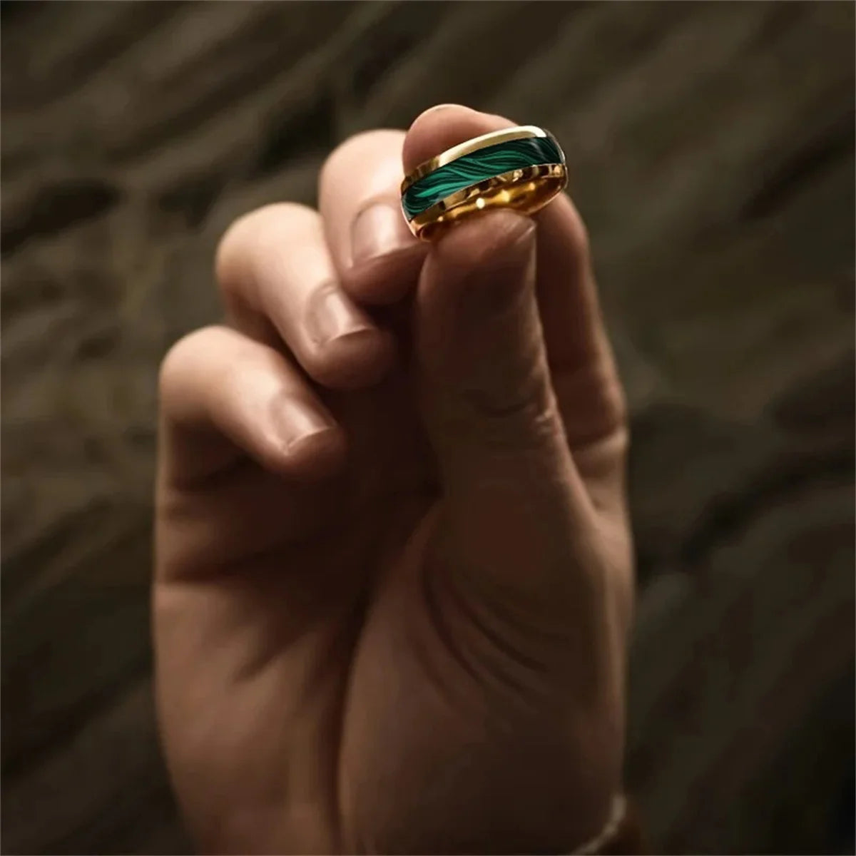 Fashion 8MM Gold Color Stainless Steel Rings For Men Domed Green Abalone Shell Inlay Rings Wedding Engagement Jewelry Gift