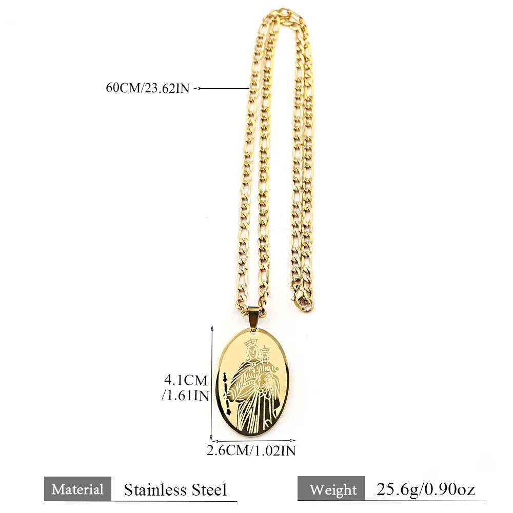 Oval Medal Virgin Mary Pendant Necklace for Women Men Stainless Steel Gold Color Catholic Our Lady of Mount Carmel Chain Jewelry