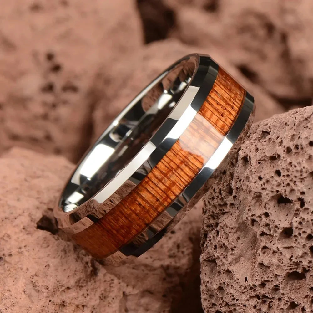 Fashion 8mm Men Black Titanium Wedding Rings Koa Wood Inlay Stainless Steel Rings for Men Wedding Band Anniversary Birthday Gift