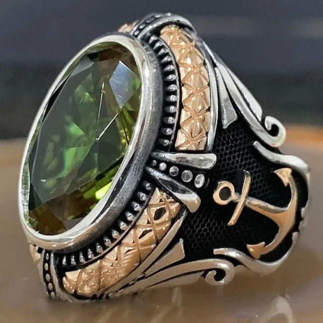 Inlaid Emerald Men's Luxury Ring Personality Retro Domineering Gem Sapphire Ring To Attend The Banquet Party Business Jewelry