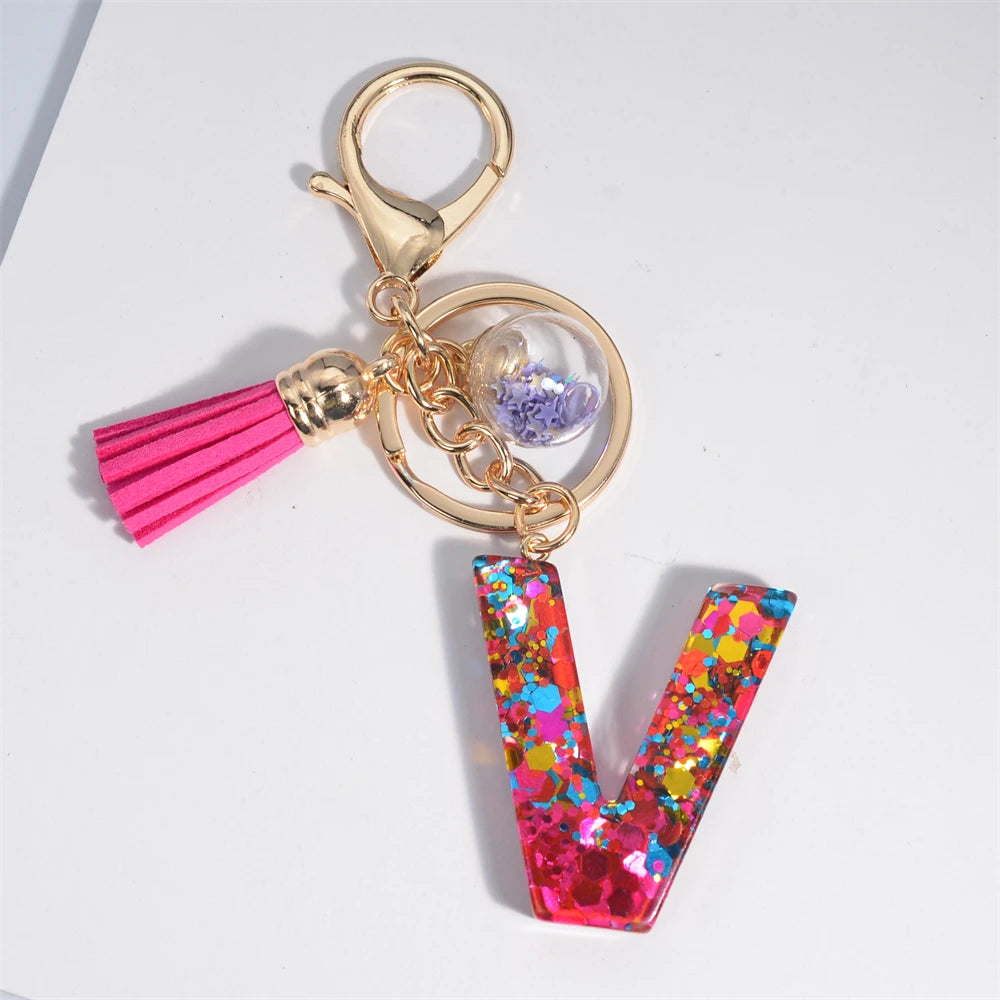 Colorful Letter Keychain Pendant Glitter Sequin Resin Key Chain Tassel Charms With Ball Keyring Jewelry For Women Bag Ornaments V