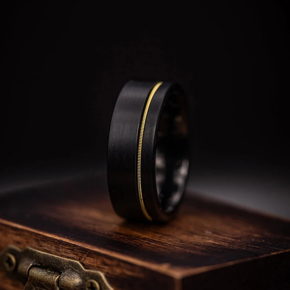 Fashion Black Stainless Steel Rings for Men With Guitar String Inlay Guitarist Ring For Musician Wedding Jewelry Drop Shipping