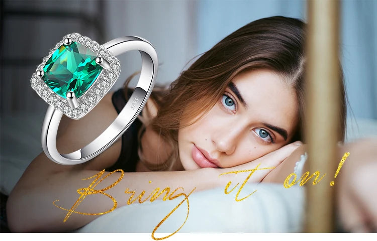 JewelryPalace Green Simulated Nano Emerald  925 Sterling Silver Rings for Women Halo Engagement Ring Statement Gemstones Jewelry
