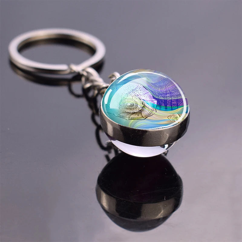 Blue Sea Keychain Marine Organisms Cute Key Chain Double Sided Glass Ball Pendant Dolphins Turtles Starfish Keyring Jewelry Gift As show 16