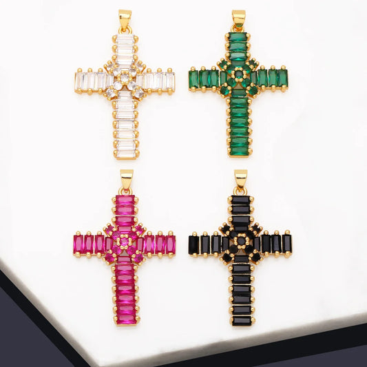OCESRIO Multicolor Big Cross Pendant for Necklace Copper Gold Plated Crystal Crucifix Jewelry Making Supplies Wholesale pdta888