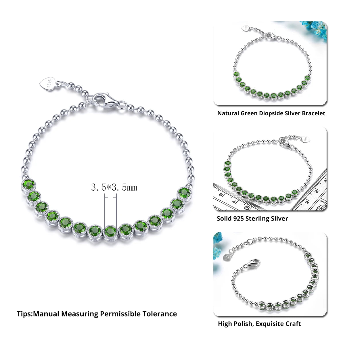 Natural Chrome Diopside Solid Sterling Silver Bracelet 2.9 Carats Genuine Green Gemstone Classic Fine Jewelry Design Women Gifts