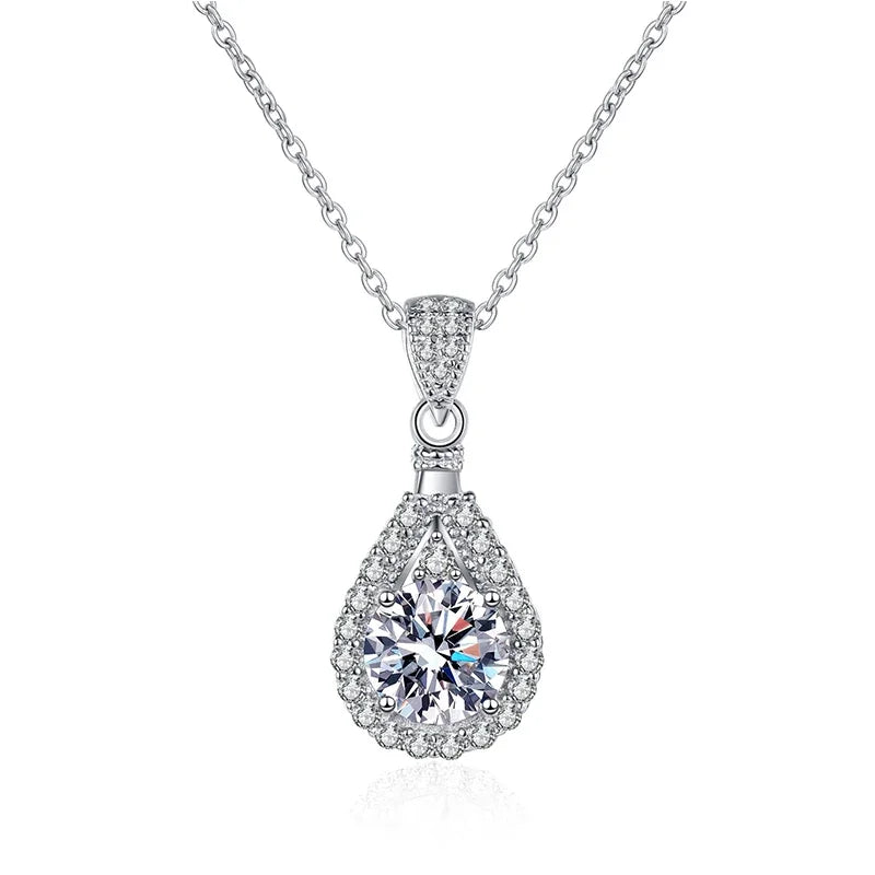 2CT Moissanite Halo Pendant Necklaces for Women Sterling Silver Accents Excellent Cut Lab Diamond Teardrop Necklace Fine Jewelry