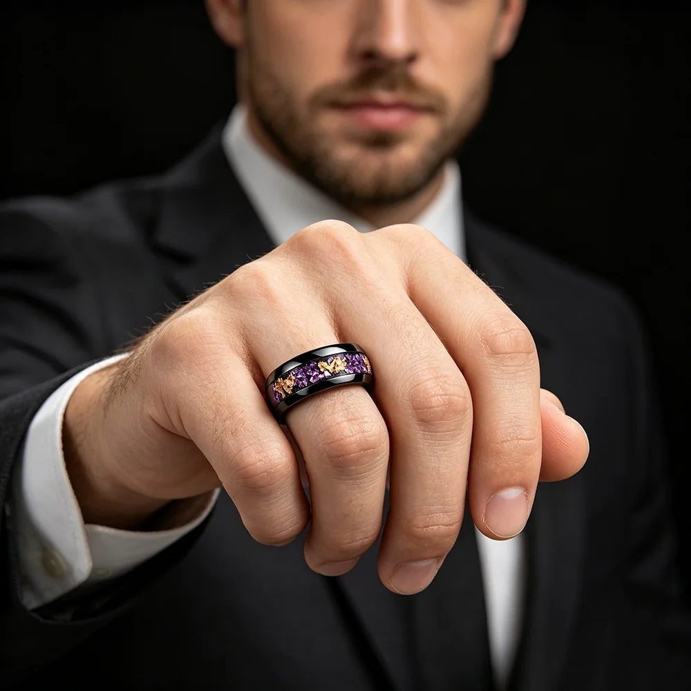 Fashion 8mm Men Stainless Steel Rings Inlay Galaxy Style Purple Abalone Shell Rings For Men Wedding Engagement Band Jewelry Gift