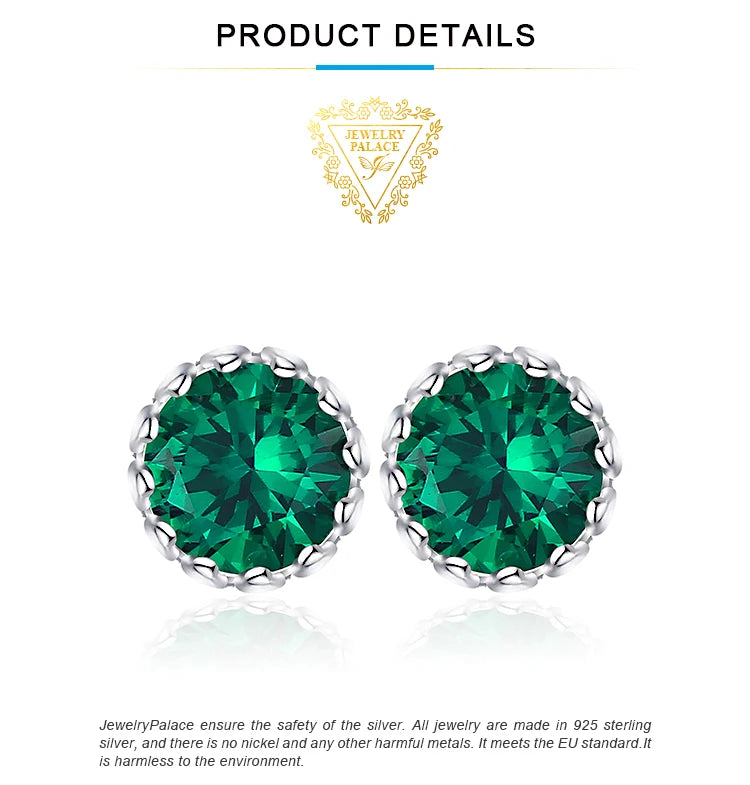 JewelryPalace Round Green Simulated Nano Emerald 925 Sterling Silver Stud Earrings for Women Fashion Statement Gemstone Jewelry