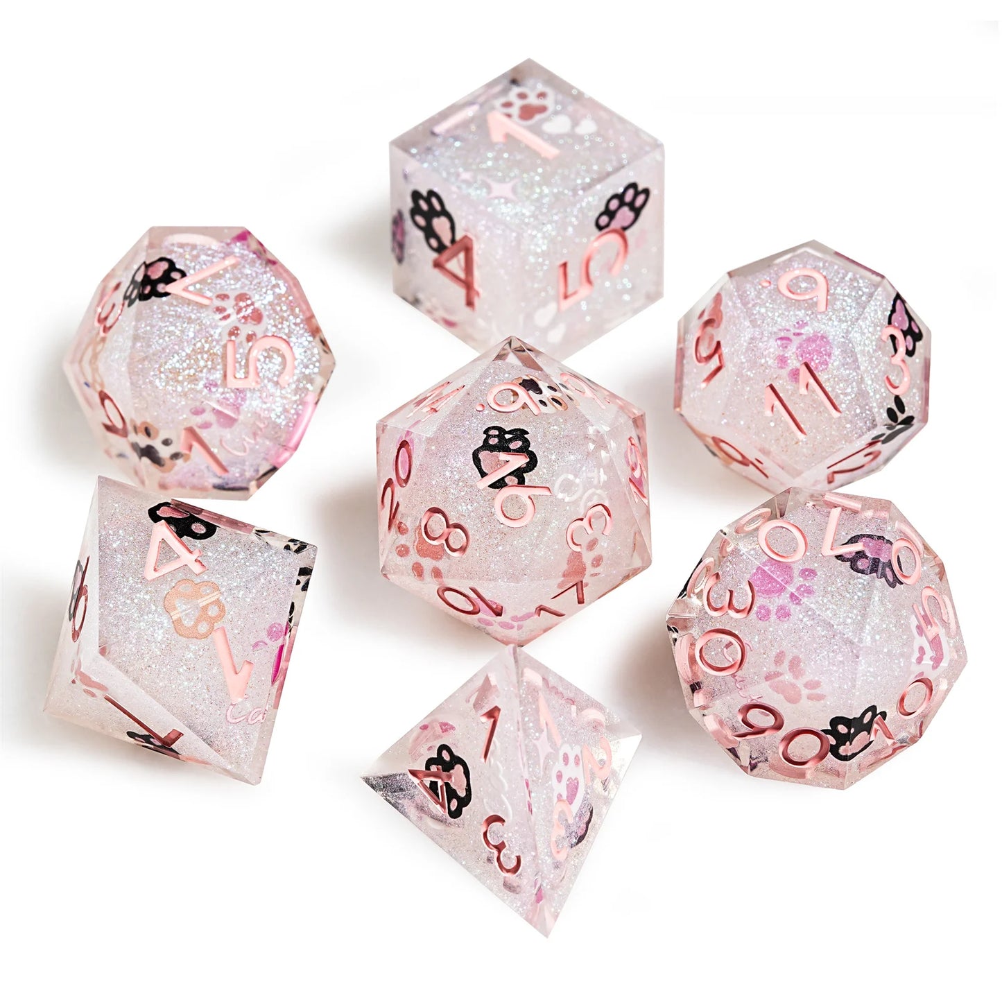 1-7pcs DND Milk White Solid Resin Black Kitten Smile Cat Dice Set Multi-sided Polyhedral Dice for D&D COC Role RPG Table Game 7pcs Pink Cat Paw