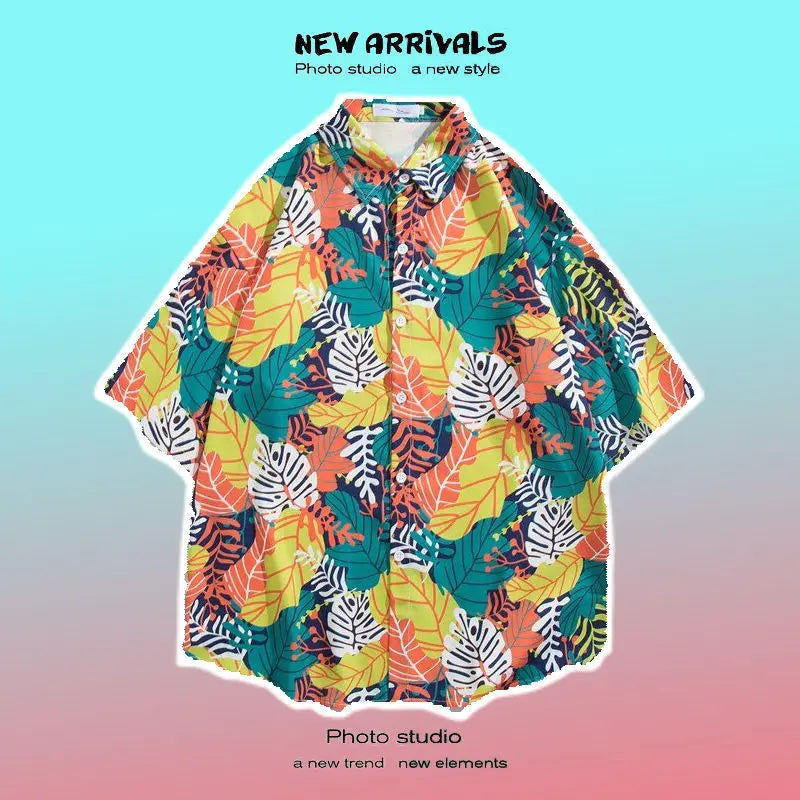 Men Street Fashion Summer Daily Shirt Hawaiian Cartoon Print Casual Loose Shirts Short Sleeve Beach Loose Tops Orange