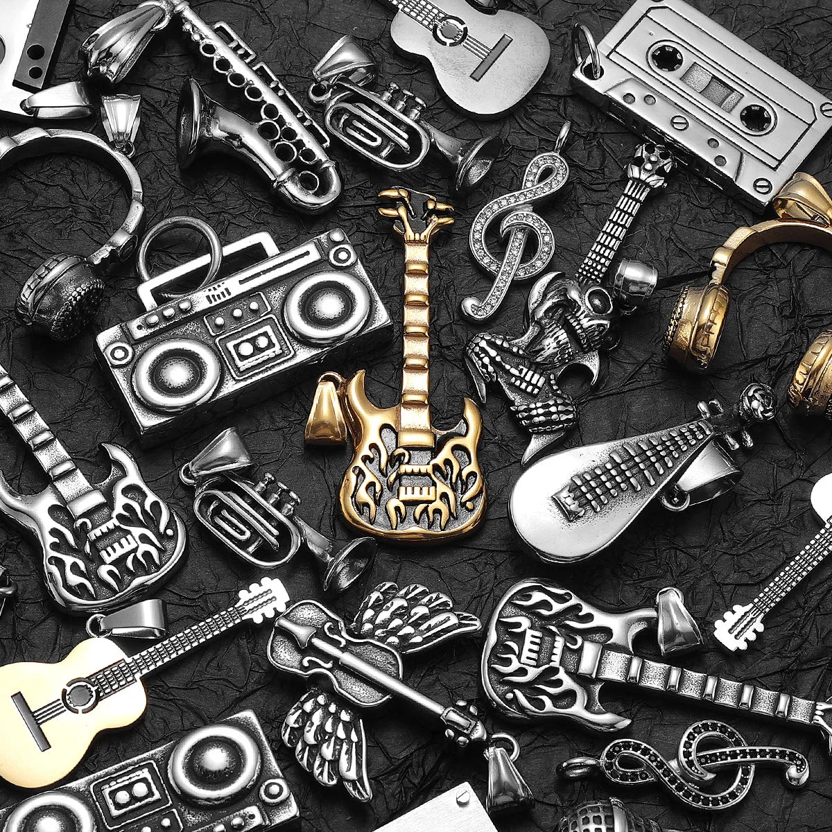 Musical Instrument Guitar Tape Stainless Steel Men Necklaces Pendant Chain Punk Rock Hiphop Women Fashion Jewelry Gift Wholesale