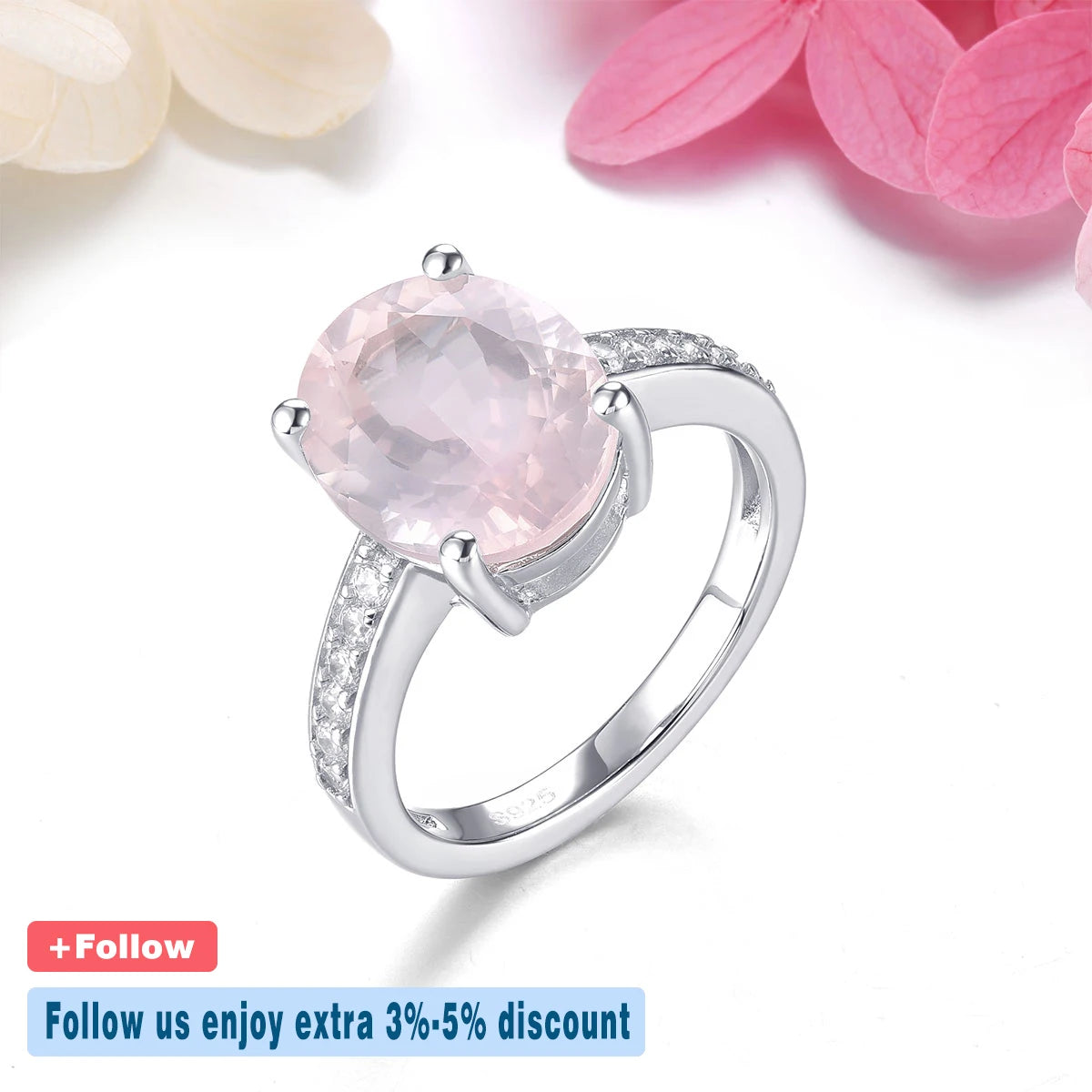 Natural Rose Quarts Sterling Silver Ring 4.2 Carats Genuine Gemstone Light Gentle Pink Crystal S925 Women Anniversary Gifts