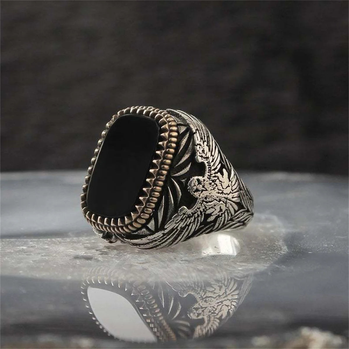 Retro Handmade Turkish Signet Ring Vintage Men's Ancient Metal Eagle Rings Inlaid Black Zircon Party Punk Motor Biker Jewelry