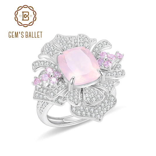 GEM'S BALLET Flower Gemstone Ring Natural Rose Quartz Statement Ring in 925 Sterling Silver Luxury Bridal Jewelry Gift For Her