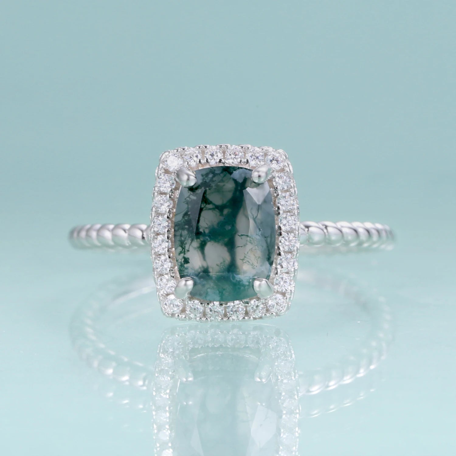 GEM'S BALLET 1.78Ct 6x8mm Cushion Moss Agate Halo Engagement Rings 925 Sterling Silver Stripes Promise Ring Gift For Her