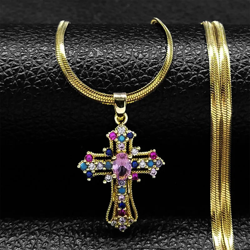 Vintage Shiny Zircon Jesus Cross Religious Amulet Necklace Women Stainless Steel Clavicle Snake Chain Choker Necklaces Jewelry