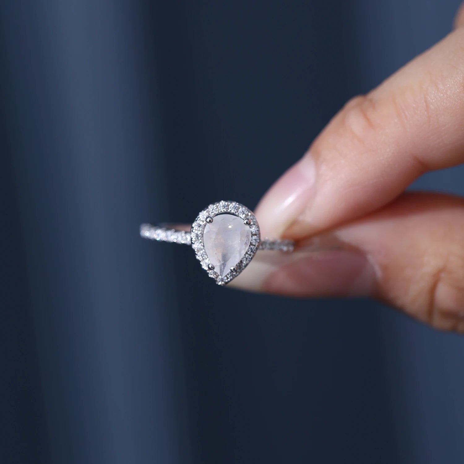 GEM'S BALLET June Birthstone 925 Sterling Silver Vintage Pear Shaped Milky Blue Moonstone Halo Engagement Ring Gift For Her