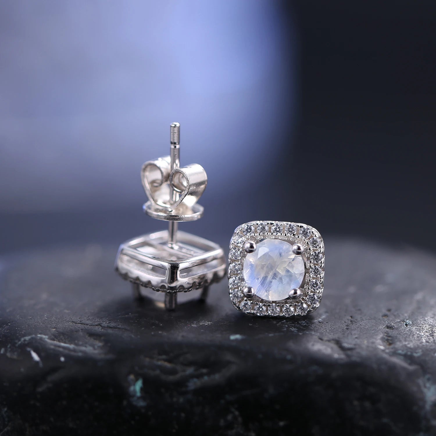 GEM'S BALLET Minimalist Dainty Moonstone Earring 5mm Milky Blue Moonstone Studs Earrings in 925 Sterling Silver June Birthstone