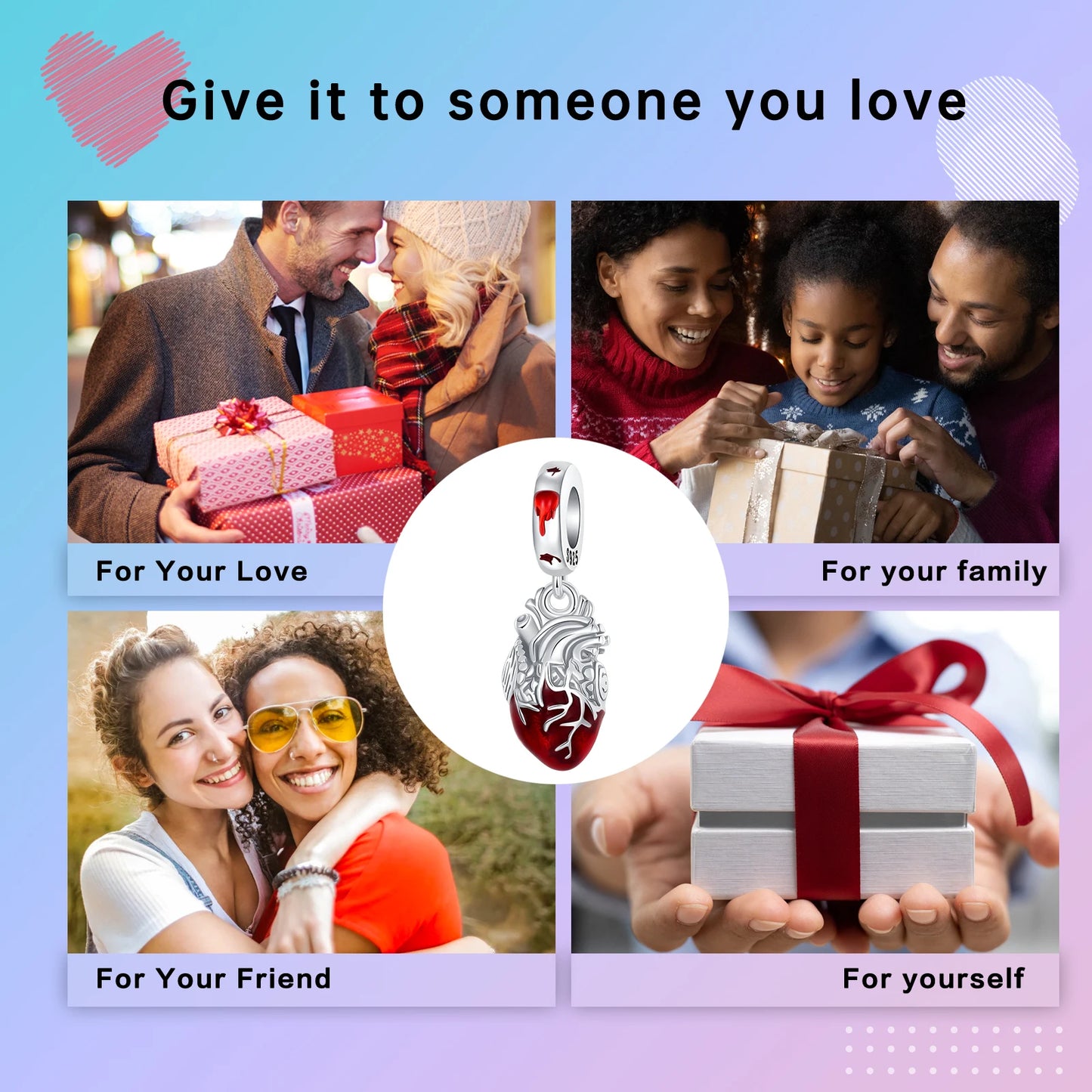 Heart & Organ Charm 925 Sterling Silver Red Rose Skull Dangle Pendant Dark Aesthetic Fit Bangle Bracelet Necklace DIY Jewelry