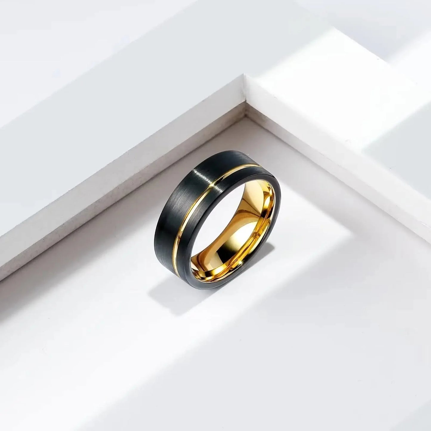 Fashion 8mm Black Brushed Titanium Stainless Steel Rings For Men Women Thin Gold Color Groove Promise Ring Wedding Party Jewelry