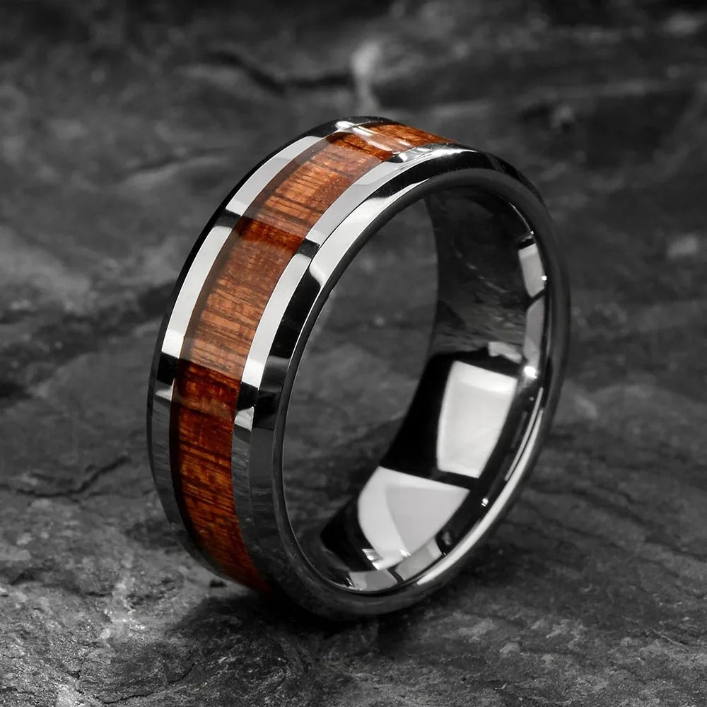 Fashion 8mm Men Black Titanium Wedding Rings Koa Wood Inlay Stainless Steel Rings for Men Wedding Band Anniversary Birthday Gift