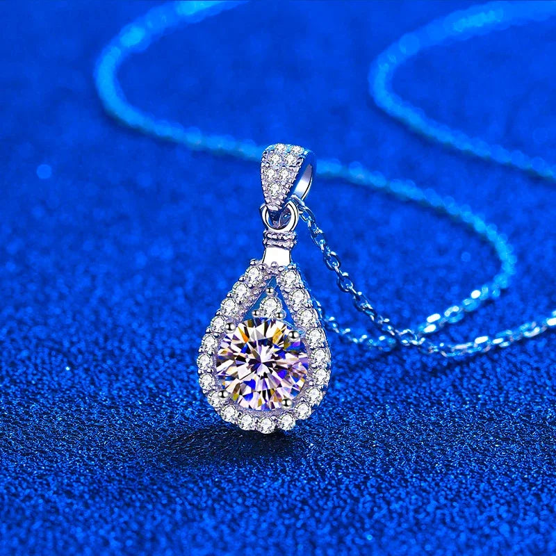 2CT Moissanite Halo Pendant Necklaces for Women Sterling Silver Accents Excellent Cut Lab Diamond Teardrop Necklace Fine Jewelry