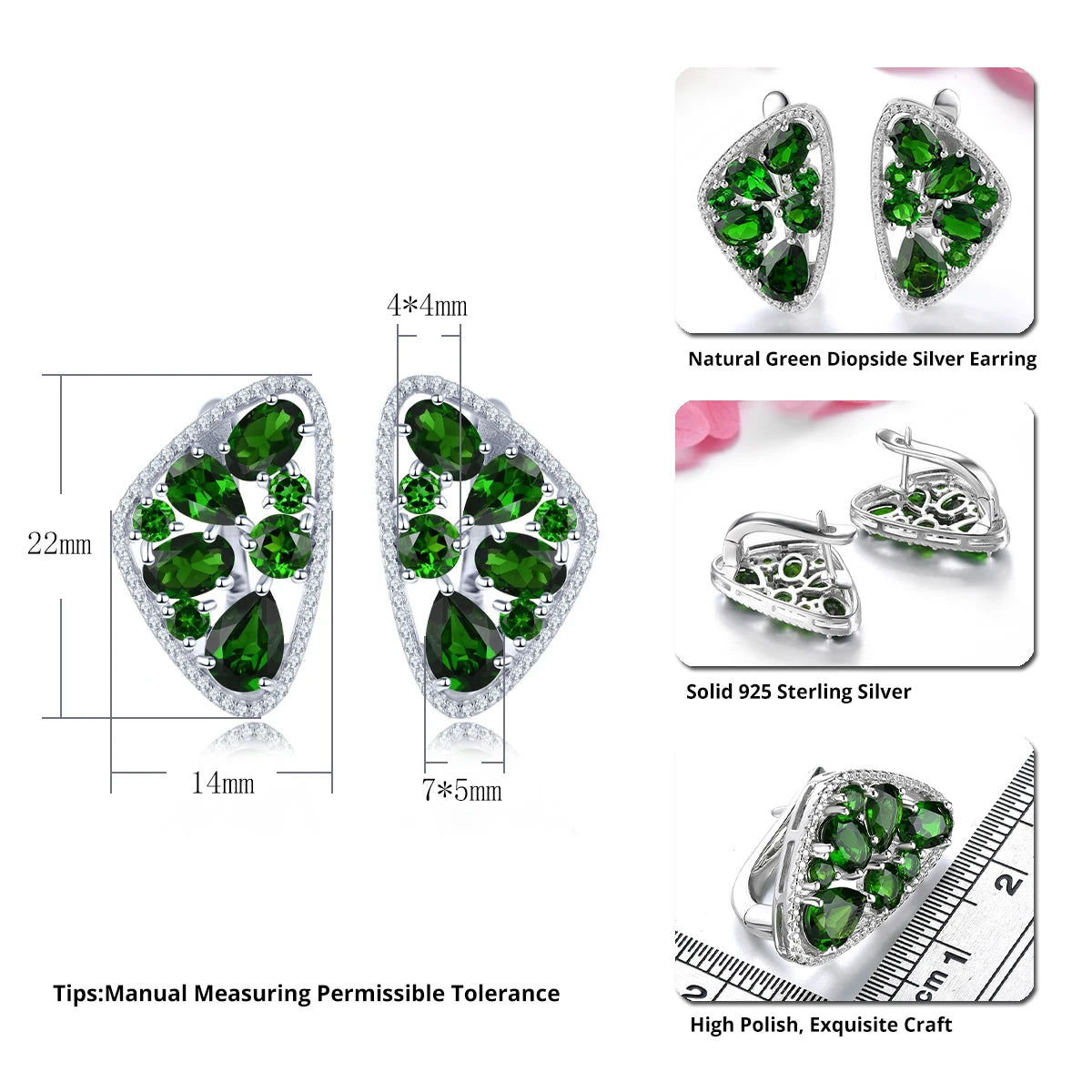 Natural Green Diopside Sterling Silver Clip Earring 6 Carats Deep Green Gemstone Unique Original Fine Jewelry Design Gifts