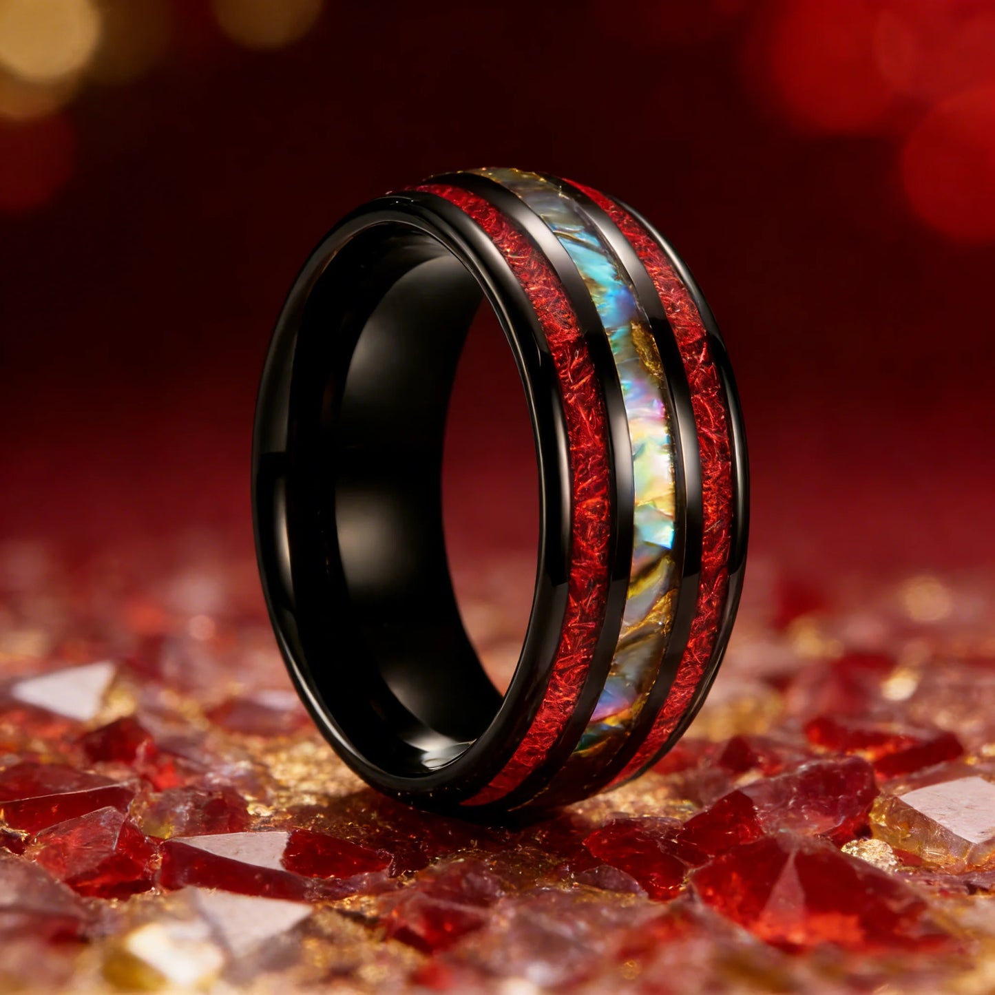 Fashion Colorful Abalone Shell and Red Meteorite Inlay Rings, 8mm Black Stainless Steel Rings for Men, Men Wedding Party Jewelry