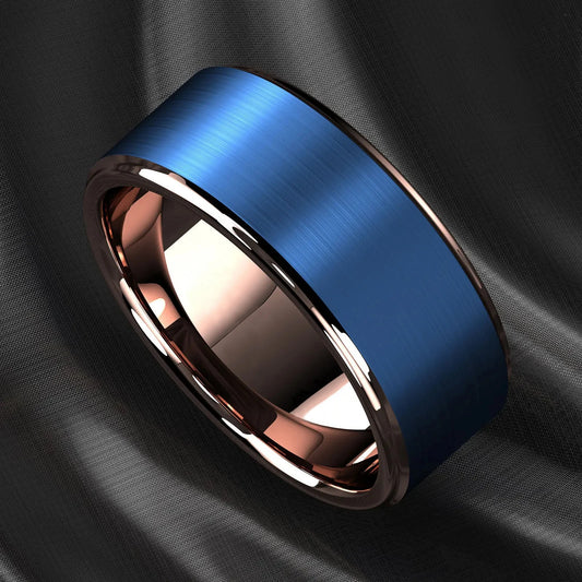 Fashion 8mm Blue Brushed Titanium Stainless Steel Rings for Men Rose Gold Color Step Edge Men Rings Wedding Engagement Jewelry
