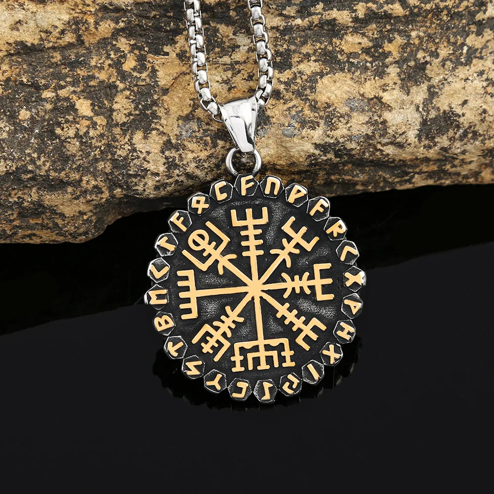 Stainless Steel Men Nordic Guidepost Compass Necklace Vintage Viking Rune Pendant Chain Vegvisir Amulet Scandinavian Norse Gifts