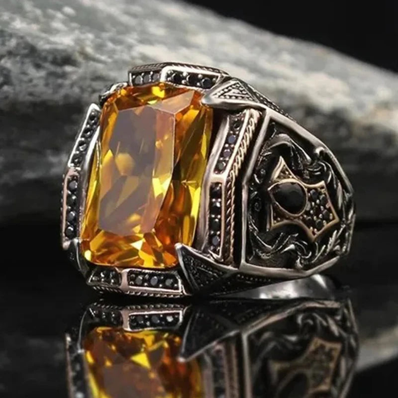 Retro Turkish Handmade Men Rings Vintage Carved Pattern Red/Blue/Rainbow Zircon Rings Rock Punk Islamic Muslim Wedding Jewelry