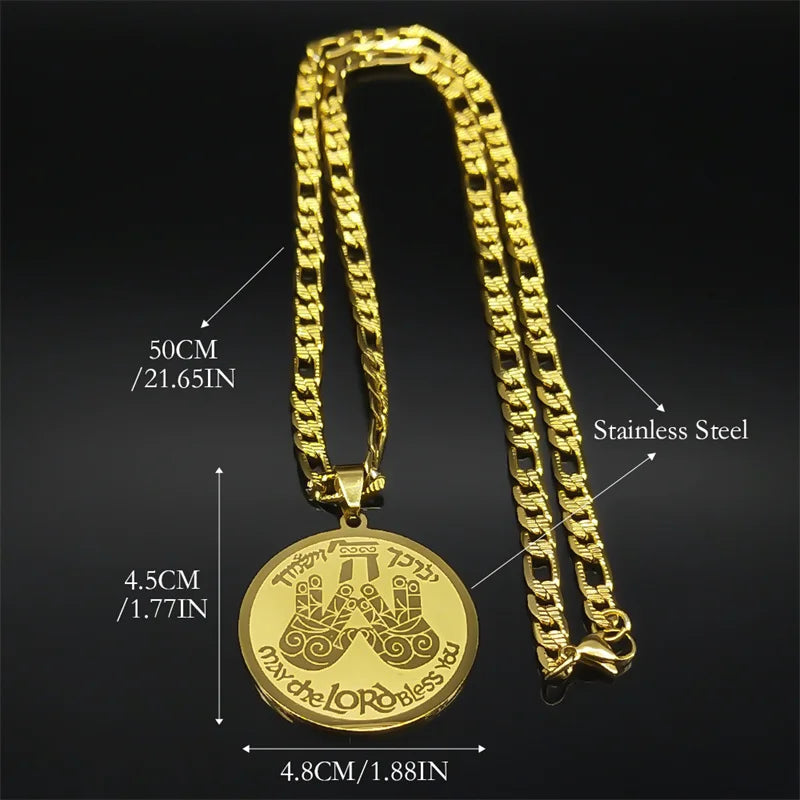 May The Lord Bless You Praying Hand Pendant Necklace For Women Men Stainless Steel Gold Color Round Medal Hebrew Hip Hop Jewelry