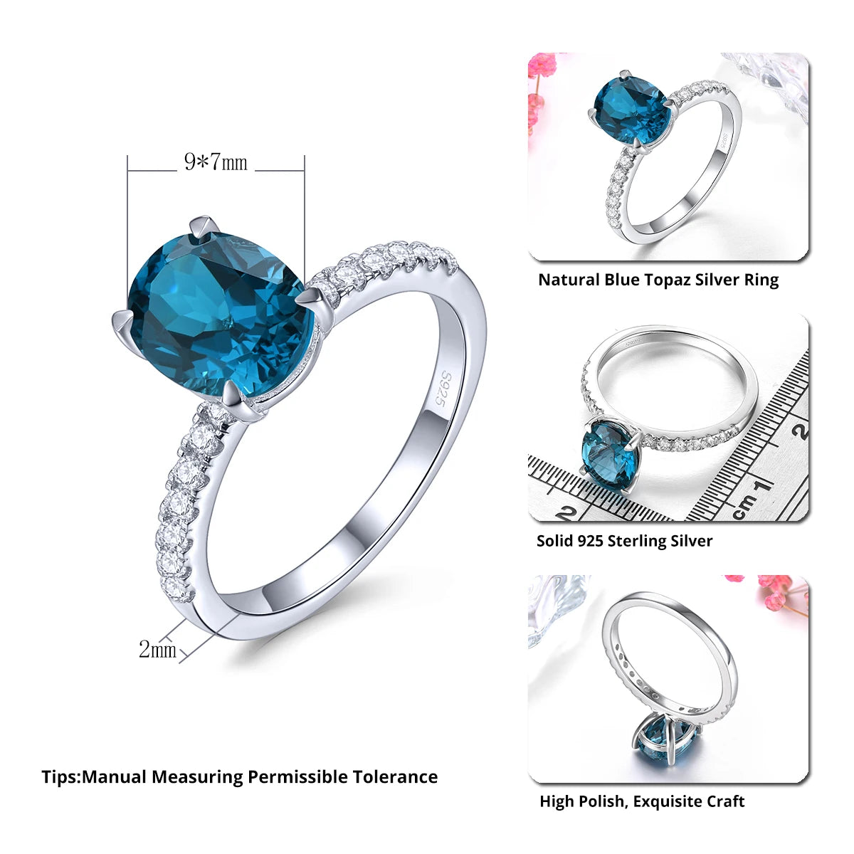 Natural Deep Blue Topaz Sterling Silver Rings 2.25 Carats Genuine Gemstone Oval Faced Cutting Classic Design Daily Fine Jewelrys