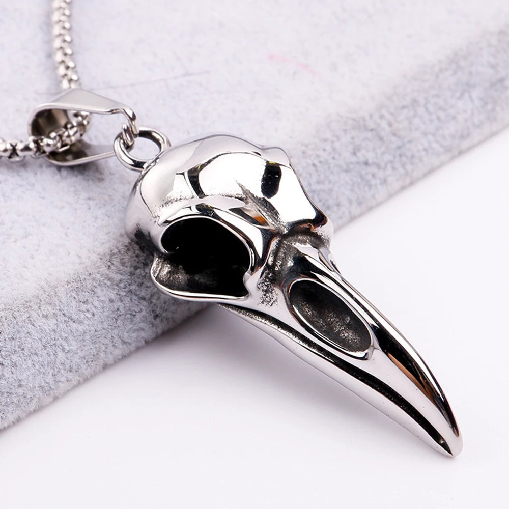 Vintage Nordic Viking Raven Head Bird Skull Pendant Necklace for Men Women Stainless Steel Punk Fashion Jewelry Gifts Wholesale 60cm Chain 3