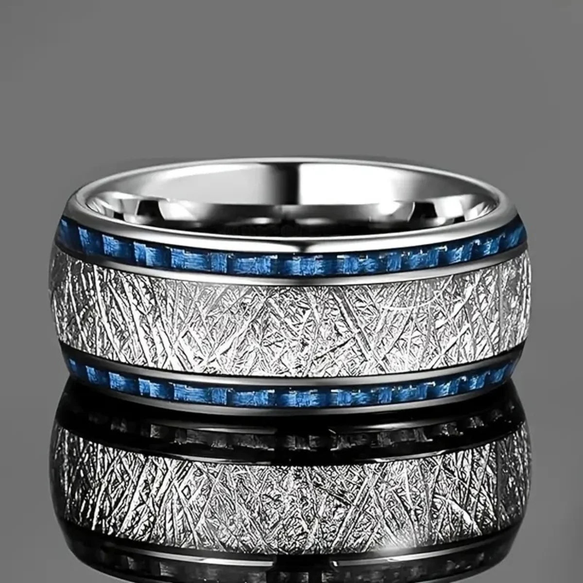 Fashion 8MM Men Stainless Steel Ring Vintage Meteorite And Blue Carbon Fiber Inlay Rings For Men Wedding Band Jewelry Wholesale