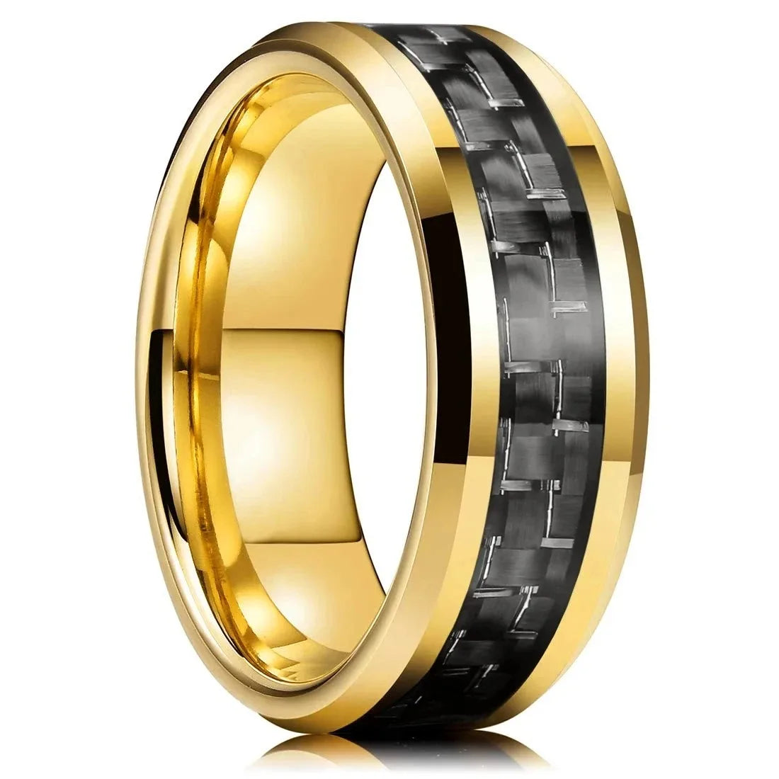 Gold Color Carbon Fiber Inlay Rings For Men, Luxury 8MM Men Gold Color Stainless Steel Rings, Wedding Band Jewelry Drop Shipping