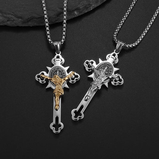 Italian Christian Saint St. Benedict Cross Stainless Steel Necklace Pendant Men and Women Religion Catholic Jesus Amulet Jewelry