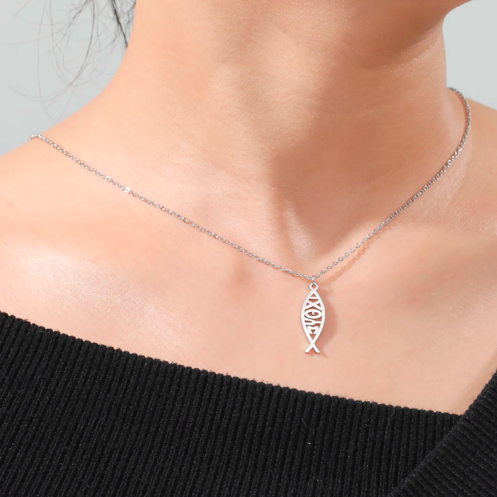 LIKGREAT Christian Jesus Fish Pendant Necklace for Women Stainless Steel Ichthys Faith Pray Choker Jewelry Valentine's Day Gifts