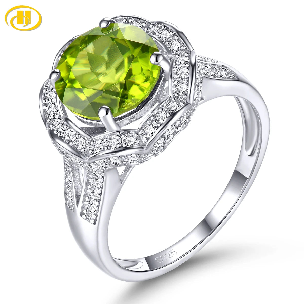 Natural Peridot Sterling Silver Ring 3.2 Carats Genuine Gemstone Women Classic Flower Design S925 Rhodium Plated Anniversary