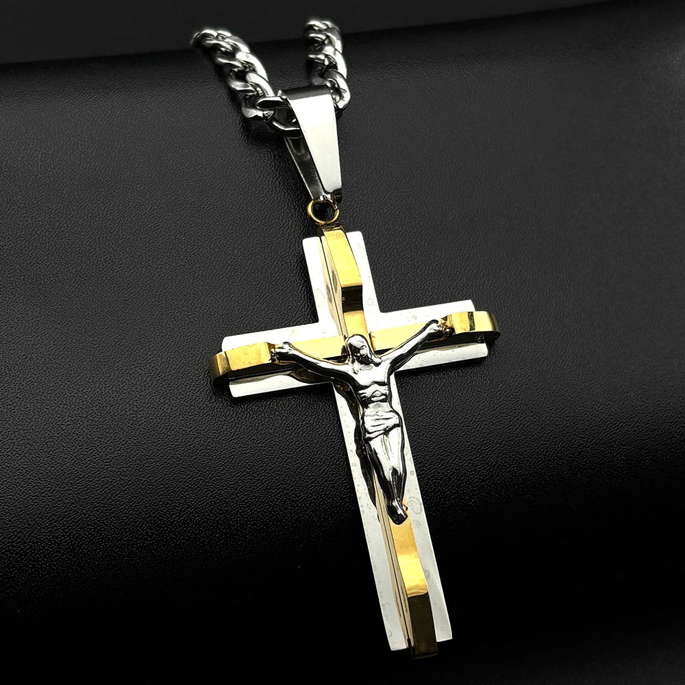 Jesus Cross Crucifix Pendant Necklace for Men Women Stainless Steel Gold Silver Color Punk Christian Chain Amulet Jewelry FS