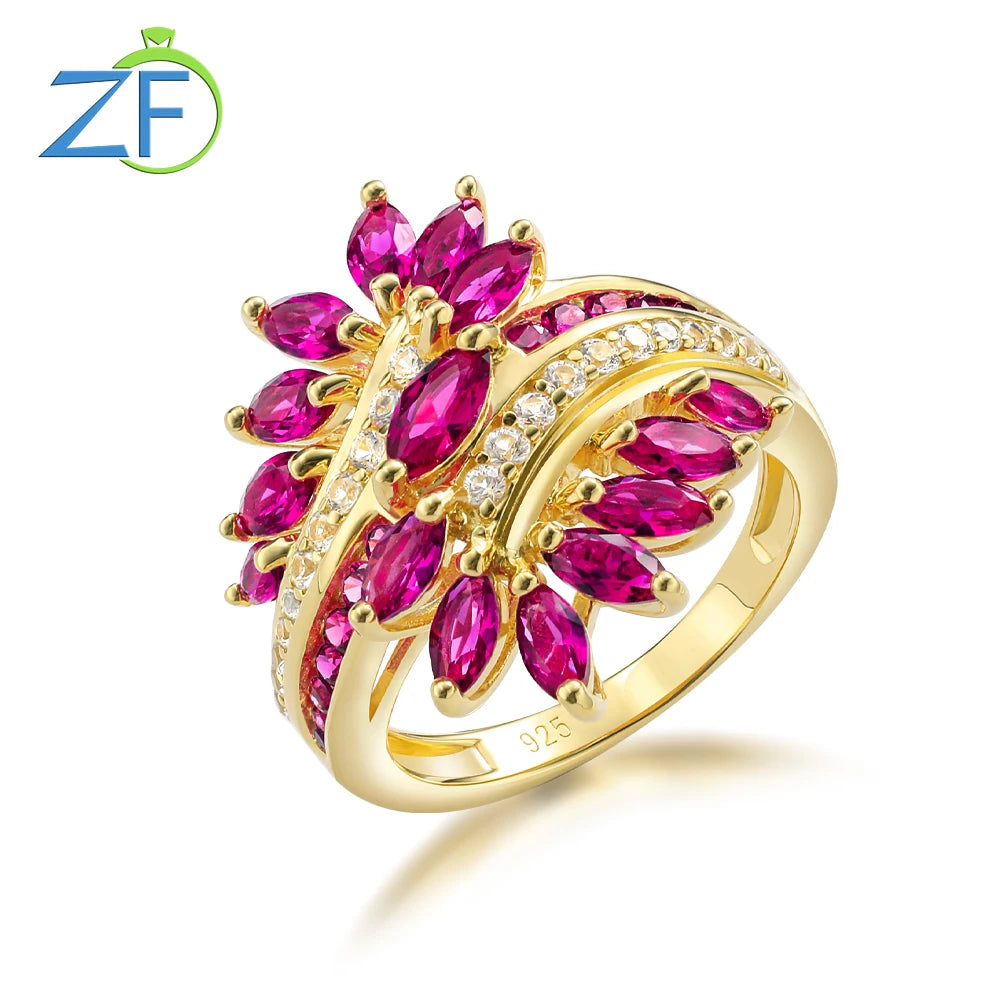 GZ ZONGFA Authentic 925 Sterling Silve Leaf Ring for Women Plant Created Ruby Gems Sparkling Party 14K Gold Plated Fine Jewelry 14K Gold Plated Created Ruby