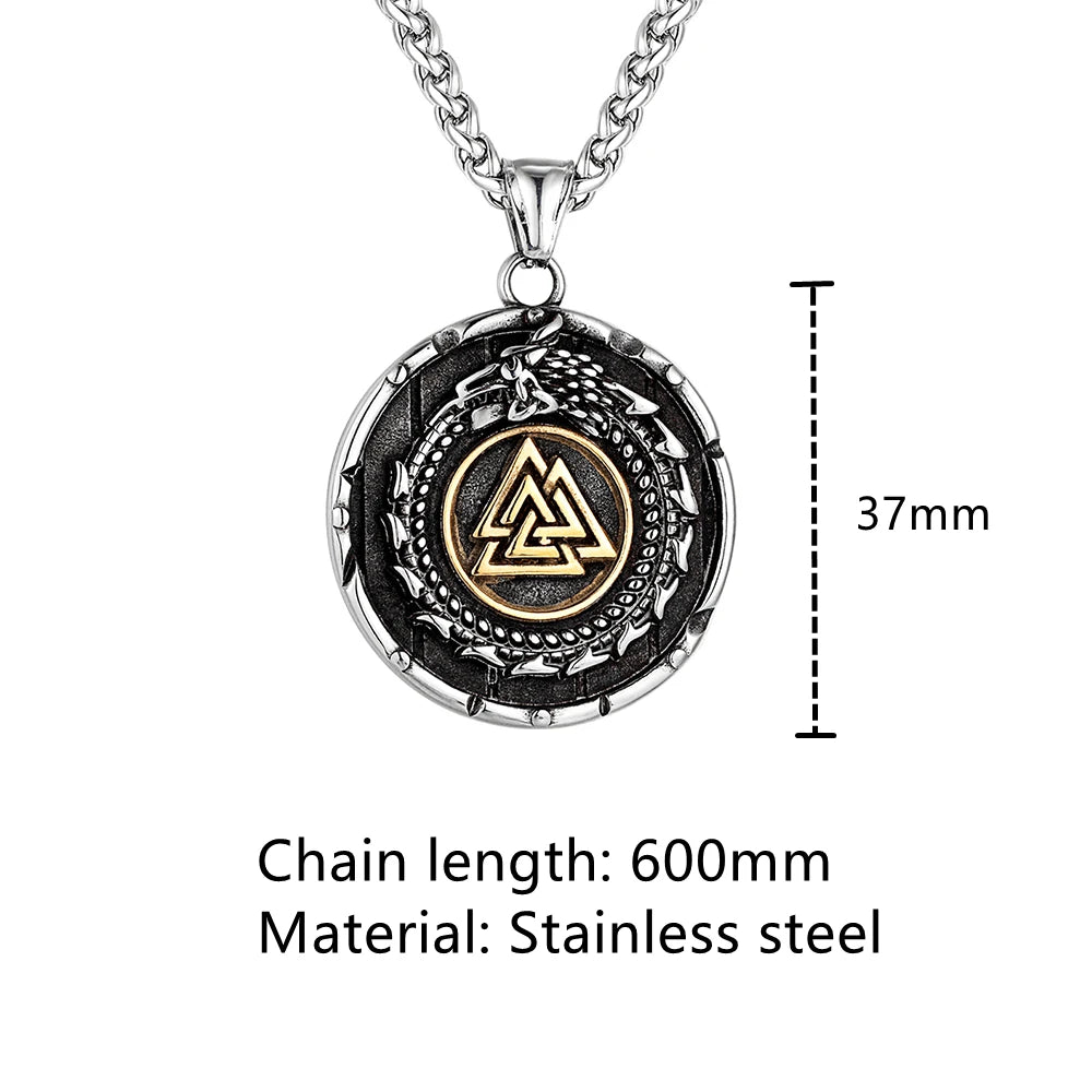 Vikings Ouroboros Dragon Necklace Men Stainless Steel Norse Runes Triangle Pendant Amulet Scandinavian Jewelry Vintage Male Gift