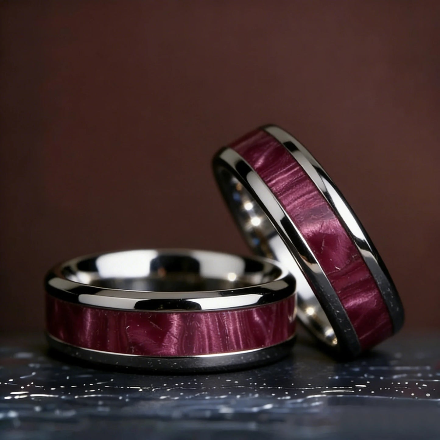 8mm Purple Red Wood Grain Stainless Steel Ring, Cool Promise Wedding Band for Men & Women, Comfort Fit, Wedding Band Jewelry